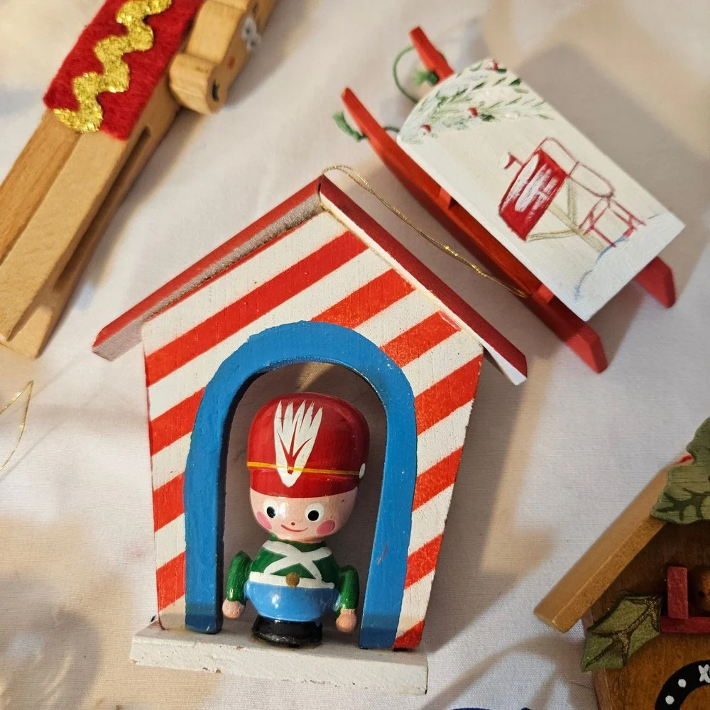 Vintage Wooden Christmas Ornaments Lot 10pc Rocking Horse Nutcracker Sled Taiwan